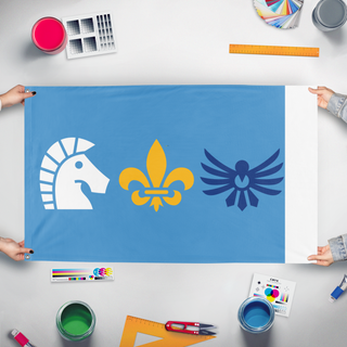 A mockup of the custom flag 'Test flag' held up on a table during print checking