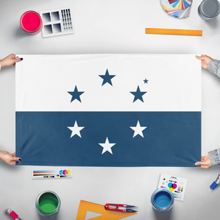 A mockup of the custom flag 'Osean Federation flag' held up on a table during print checking