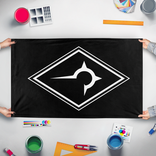 A mockup of the custom flag 'House H flag' held up on a table during print checking