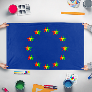 A mockup of the custom flag 'eu flag' held up on a table during print checking