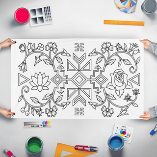 A mockup of the custom flag 'test b&k flag' held up on a table during print checking