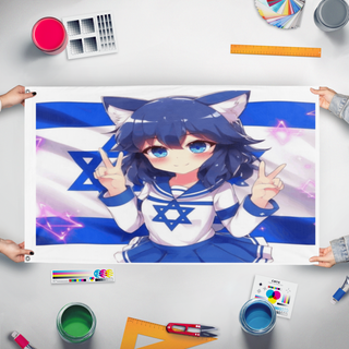 A mockup of the custom flag 'Israeli flag' held up on a table during print checking