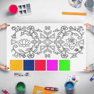 A mockup of the custom flag 'test2 flag' held up on a table during print checking