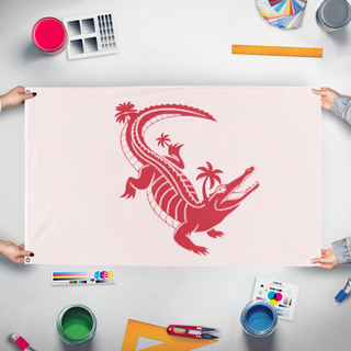 A mockup of the custom flag 'Florida Alligator Tree flag' held up on a table during print checking