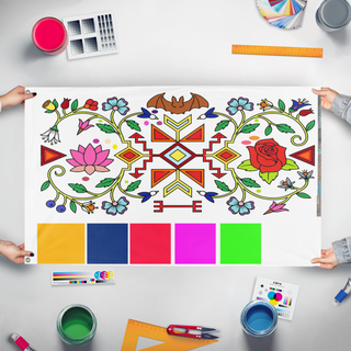 A mockup of the custom flag 'Test color test3 flag' held up on a table during print checking
