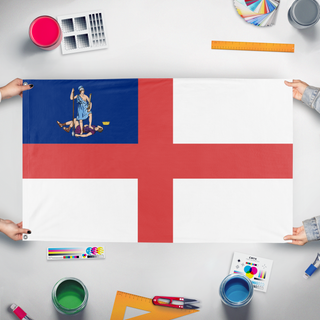 A mockup of the custom flag 'English Virginia flag' held up on a table during print checking