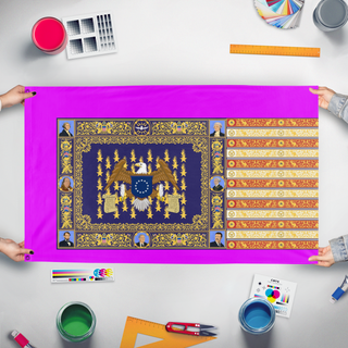A mockup of the custom flag 'T flag' held up on a table during print checking