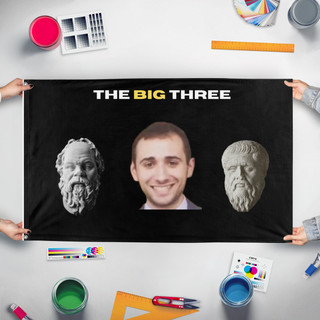 A mockup of the custom flag 'The big 3 flag' held up on a table during print checking