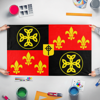 A mockup of the custom flag 'West Francia  flag' held up on a table during print checking