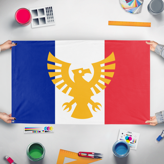 A mockup of the custom flag 'New people's republic of France  flag' held up on a table during print checking