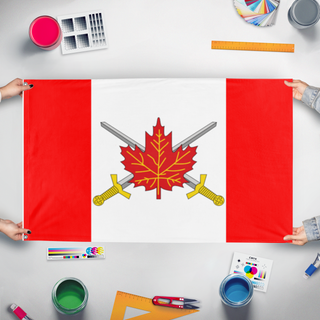 A mockup of the custom flag 'Fascist Canada flag' held up on a table during print checking