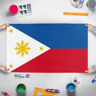 A mockup of the custom flag 'First Philippine Republic / Malolos Republic flag' held up on a table during print checking