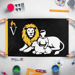 A mockup of the custom flag 'VCOG flag' held up on a table during print checking