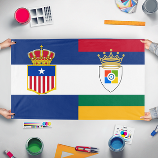 A mockup of the custom flag 'Micron American Empire New flag' held up on a table during print checking