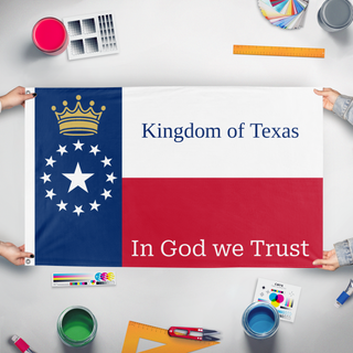 A mockup of the custom flag 'Kingdom of Texas flag' held up on a table during print checking