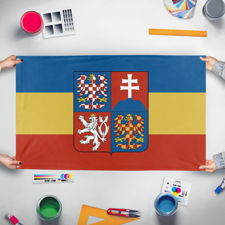 A mockup of the custom flag 'Great Moravia flag' held up on a table during print checking