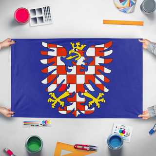A mockup of the custom flag 'Moravia  flag' held up on a table during print checking