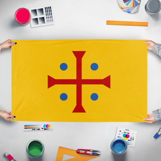 A mockup of the custom flag 'Middle Francia flag' held up on a table during print checking