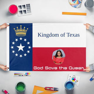 A mockup of the custom flag 'Save Texas's Queen flag' held up on a table during print checking