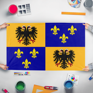 A mockup of the custom flag 'Kingdom Of The Franks  flag' held up on a table during print checking