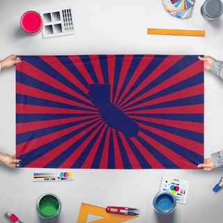 A mockup of the custom flag 'BCA flag' held up on a table during print checking