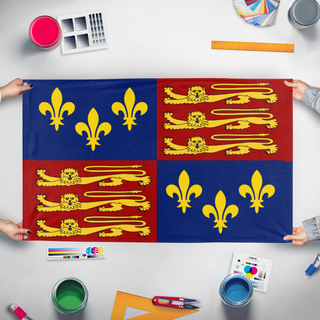 A mockup of the custom flag 'England 1406-1603 flag' held up on a table during print checking
