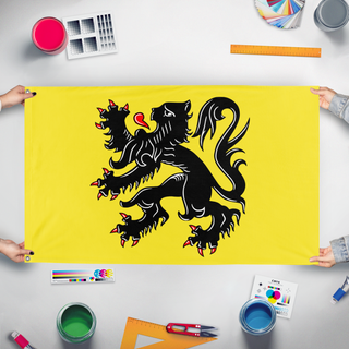 A mockup of the custom flag 'Flanders flag' held up on a table during print checking