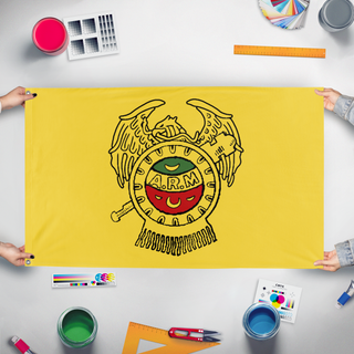 A mockup of the custom flag 'Revolutionary Mexicanist Action flag' held up on a table during print checking
