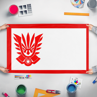 A mockup of the custom flag 'Japanese Shield Society flag' held up on a table during print checking