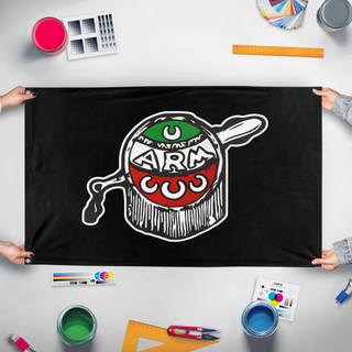 A mockup of the custom flag 'Revolutionary Mexicanist Action flag' held up on a table during print checking