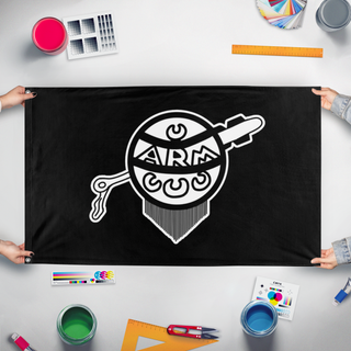 A mockup of the custom flag 'Revolutionary Mexicanist Action flag' held up on a table during print checking