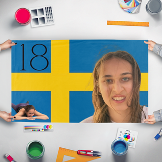 A mockup of the custom flag 'Luisa flag' held up on a table during print checking