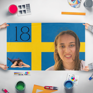 A mockup of the custom flag 'Luisaaaa flag' held up on a table during print checking