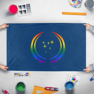 A mockup of the custom flag '32nd Century UFP Pride flag' held up on a table during print checking