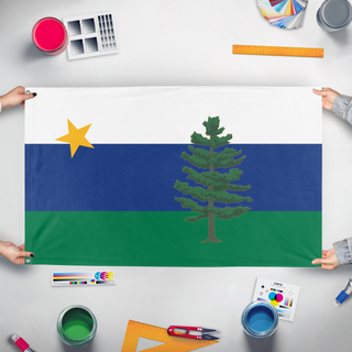A mockup of the custom flag 'Perryland National flag' held up on a table during print checking