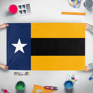 A mockup of the custom flag 'County Judea-Romal flag' held up on a table during print checking