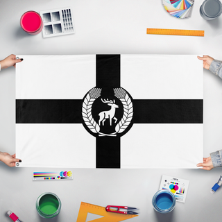 A mockup of the custom flag 'County Slates flag' held up on a table during print checking