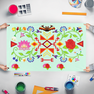 A mockup of the custom flag 'myfancy flag' held up on a table during print checking