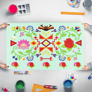 A mockup of the custom flag 'myfancy flag' held up on a table during print checking