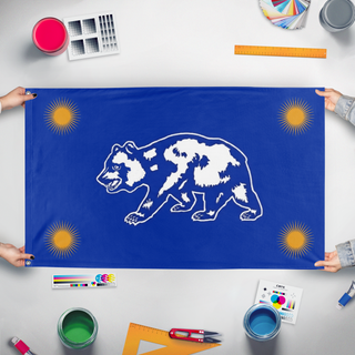 A mockup of the custom flag '0CA flag' held up on a table during print checking