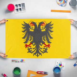 A mockup of the custom flag 'Holy Roman Empire flag' held up on a table during print checking