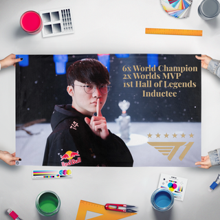 A mockup of the custom flag 'Faker 2026 flag' held up on a table during print checking