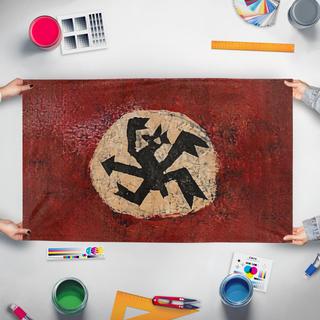 A mockup of the custom flag 'ye_88symphony flag' held up on a table during print checking