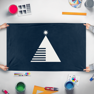 A mockup of the custom flag 'Cognoscenti flag' held up on a table during print checking