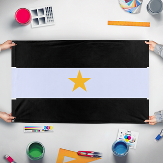A mockup of the custom flag 'vexiology flag' held up on a table during print checking