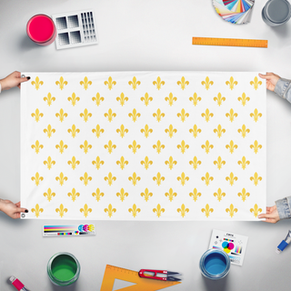 A mockup of the custom flag 'Royal Standard Of France  flag' held up on a table during print checking