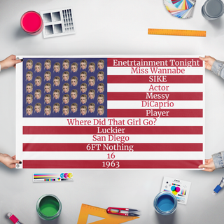 A mockup of the custom flag 'JENNA DAVIS flag' held up on a table during print checking