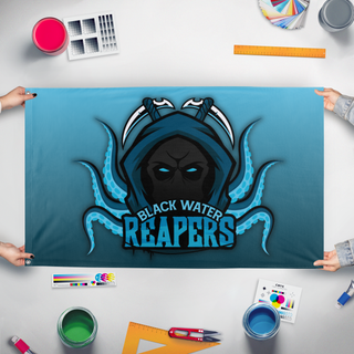 A mockup of the custom flag 'Black Water Reapers flag' held up on a table during print checking