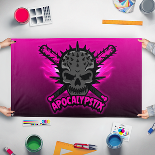 A mockup of the custom flag 'Apocalypstix  flag' held up on a table during print checking