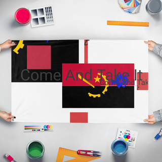 A mockup of the custom flag 'test flag' held up on a table during print checking